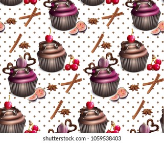 Chocolate cupcakes pattern Vector. Retro vintage backgrounds