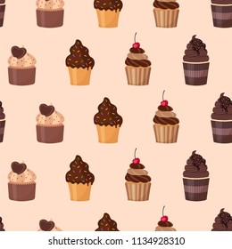 Chocolate cupcakes. Seamless pattern. Vector illustration.