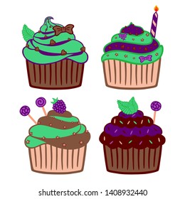 Chocolate cupcakes set with blackberry, berries and mint.