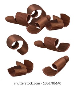 Chocolate curl. Shaving parts of black chocolate pieces vector realistic templates