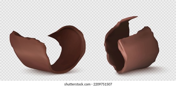 Curlos de chocolate, copos de afeitar o trozos de comida dulce aislados en un fondo transparente. Producción de cacao, decoración, deliciosos recortes de choco marrón de postre amargo, Ilustración vectorial 3d realista