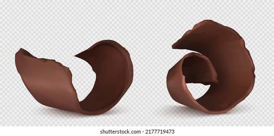 Chocolate curls, shavings or pieces of sweet food isolated on white background. Cocoa production, cake decoration, brown delicious choco cuttings of bitter dessert Realistic 3d vector illustration