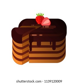 Chocolate cut cake with strawberries in flat style. Cheesecake pastry for bakery, cafe and restaurant.