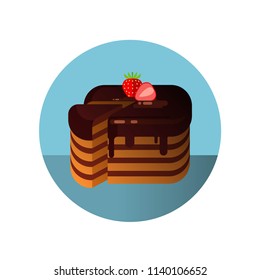 Chocolate cut cake with strawberries in flat style.