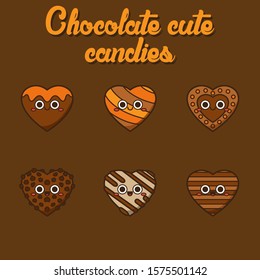 Chocolate cute candies, cute Character, Vector illustration of different shapes and kinds of chocolate candies. 
