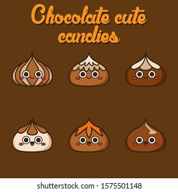 Chocolate cute candies, cute Character, Vector illustration of different shapes and kinds of chocolate candies. 