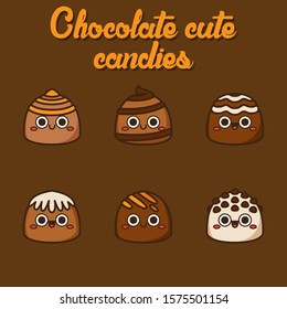 Chocolate cute candies, cute Character, Vector illustration of different shapes and kinds of chocolate candies. 