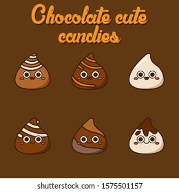 Chocolate cute candies, cute Character, Vector illustration of different shapes and kinds of chocolate candies. 