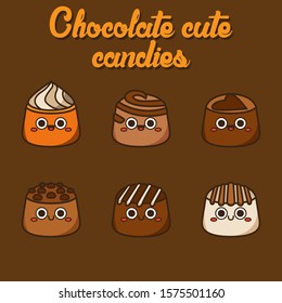Chocolate cute candies, cute Character, Vector illustration of different shapes and kinds of chocolate candies. 