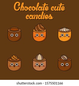 Chocolate cute candies, cute Character, Vector illustration of different shapes and kinds of chocolate candies. 