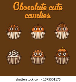 Chocolate cute candies, cute Character, Vector illustration of different shapes and kinds of chocolate candies. 