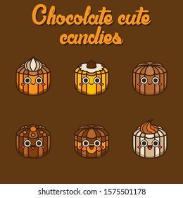 Chocolate cute candies, cute Character, Vector illustration of different shapes and kinds of chocolate candies. 