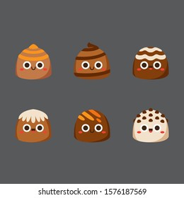 Chocolate cute candies, Flat Character, Vector illustration of different shapes and kinds of chocolate candies. 
