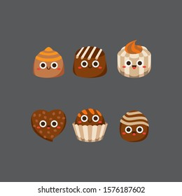 Chocolate cute candies, Flat Character, Vector illustration of different shapes and kinds of chocolate candies. 
