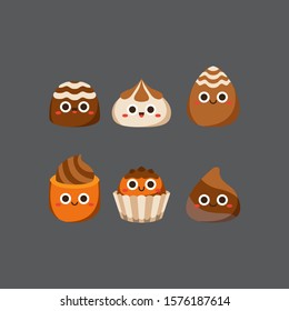 Chocolate cute candies, Flat Character, Vector illustration of different shapes and kinds of chocolate candies. 
