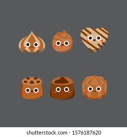 Chocolate cute candies, Flat Character, Vector illustration of different shapes and kinds of chocolate candies. 
