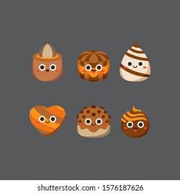 Chocolate cute candies, Flat Character, Vector illustration of different shapes and kinds of chocolate candies. 
