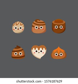 Chocolate cute candies, Flat Character, Vector illustration of different shapes and kinds of chocolate candies. 
