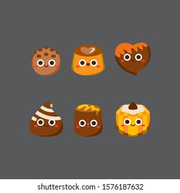 Chocolate cute candies, Flat Character, Vector illustration of different shapes and kinds of chocolate candies. 
