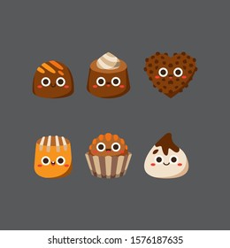 Chocolate cute candies, Flat Character, Vector illustration of different shapes and kinds of chocolate candies. 
