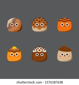 Chocolate cute candies, Flat Character, Vector illustration of different shapes and kinds of chocolate candies. 
