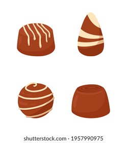 Chocolate cute striped candy pieces isolated on white background. Minimalistic tasty fruity candy for kids. Concept of all kinds of candy sweets for sweet tooth. Flat cartoon vector illustration