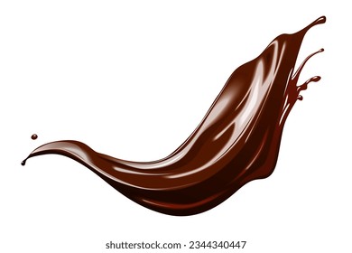 Chocolate dark isolated wavy flow splash, melted dessert with splatters. Beautiful appetizing realistic chocolate, cocoa milkshake, chocolate milk or syrup splashing stream or overflowing wave with sp