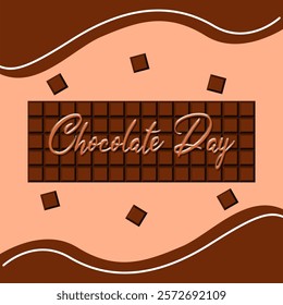 Chocolate Day to celebrate on February 9th. A chocolate bar and engraved calligraphic text on it with melted chocolate on a light brown background. Food event banner.