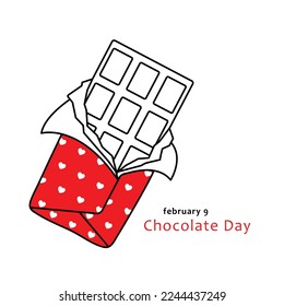 chocolate day, february 9, chocolate bar with red wrapper, valentine week, black line vector illustration
