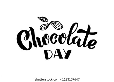 Chocolate day - handlettering with doodles cocoa beans isolated on white background. For badges, banner, print, card. Vector illustration.