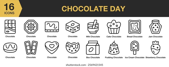 Chocolate Day icon set. Includes Choco, Chocolate, Food, Snack, Sweet, and More. Outline icons vector collection.