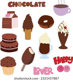 Iconos del día del chocolate incluyendo bebida caliente de chocolate, caja de leche, helado, donut, pastel, pastelito, batido de leche, muffin. Para la decoración de cafés y restaurantes, logotipo de postres, receta para hornear, pastelería y panadería