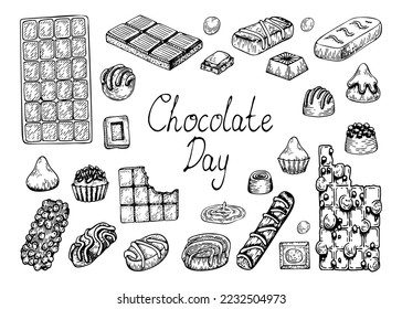 Chocolate day. Set chocolate sweets sketch. Candy, truffle, bar, tile. Delicious dessert. Chocolate with nuts, waffles. Candies sprinkles. Yummy. Cocoa product. Hand drawn vector doodle illustration.