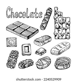 Chocolate day. Set chocolate sweets sketch. Candy, truffle, bar, tile. Delicious dessert. Chocolate with nuts. Yummy. Cocoa bean product. Hand drawn vector doodle illustration.