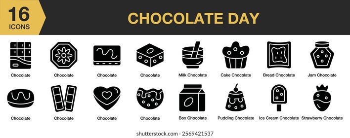 Chocolate Day solid icon set. Includes Choco, Chocolate, Food, Snack, Sweet, and More. Solid icons vector collection.