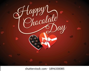 Chocolate day text with chocolate bar background, World  chocolate day  3d vector graphic element background with melted chocolate swirl Fine chocolates in craft box