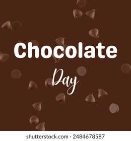 Vector de logotipo de tipografía de Chocolate Day en marrón oscuro con fondo de chocochips. Feliz día del chocolate Plantilla, Anuncio, póster, etiqueta engomada, logotipo para artículos impresos.