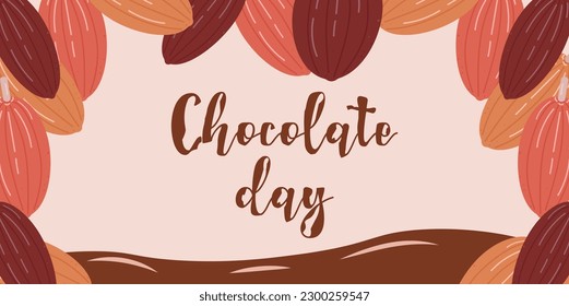 Chocolate Day white background cocoa beans text. The concept of the holiday. Design for a banner, poster. Vector flat illustration.