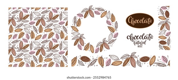 Conjunto de decoración de chocolate. Marco de grano de cacao, conjunto de impresión. Marco redondo del chocolate, modelo inconsútil, bordes inconsútiles. Ilustraciones vectoriales Doodle. Logo de letras escritas a mano de chocolate, etiqueta con grano de cacao.