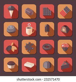 Chocolate delicious cake dark cacao fondue flat icons set isolated vector illustration.