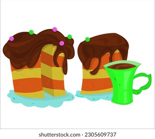 A chocolate delicious cake with a slice and a green cup of tea. This cartoon illustration can be used for cafes, bars, cafeterias and bakeries. Vector, isolated.