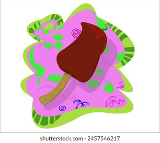 A chocolate, delicious ice cream on a wooden stick; bright, vintage background. This cartoon funky illustration can be used for ice cream shops, ice cream stores, cafes, snack bars. Vector, isolated.