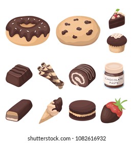 Iconos de dibujos animados Chocolate Dessert en la colección set para el diseño. Símbolo vectorial Chocolate and Sweets ilustración web.