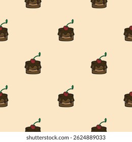 Chocolate dessert with cherries. Vector seamless pattern. Endless background for wrapping paper, print, textile