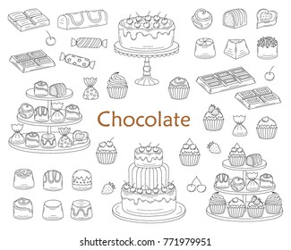 Chocolate dessert collection, with chocolate cherry cakes, chocolate bars, sweet candies and cupcakes, isolated on white background. Vector hand drawn doodle illustration.