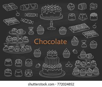 Chocolate dessert collection, with chocolate cherry cakes, chocolate bars, sweet candies and cupcakes, isolated on chalkboard background. Vector hand drawn doodle illustration.