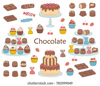 Chocolate dessert collection, with chocolate cherry cakes, chocolate bars, sweet candies and cupcakes, isolated on white background. Vector hand drawn doodle illustration.