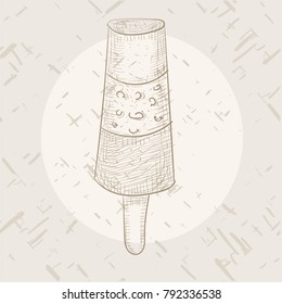 Chocolate dessert in hand-drawn style. Sketch ice-cream with the vintage effect. Fresh and delicious popsicle.
