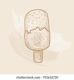 Chocolate dessert in hand-drawn style. Sketch ice-cream with the vintage effect. Fresh and delicious popsicle.