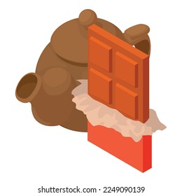 Schokoladendessert Icon isometrische Vektorgrafik. Teekanne aus Porzellan und offene Schokoladenbar. Abendessen, Tee trinken